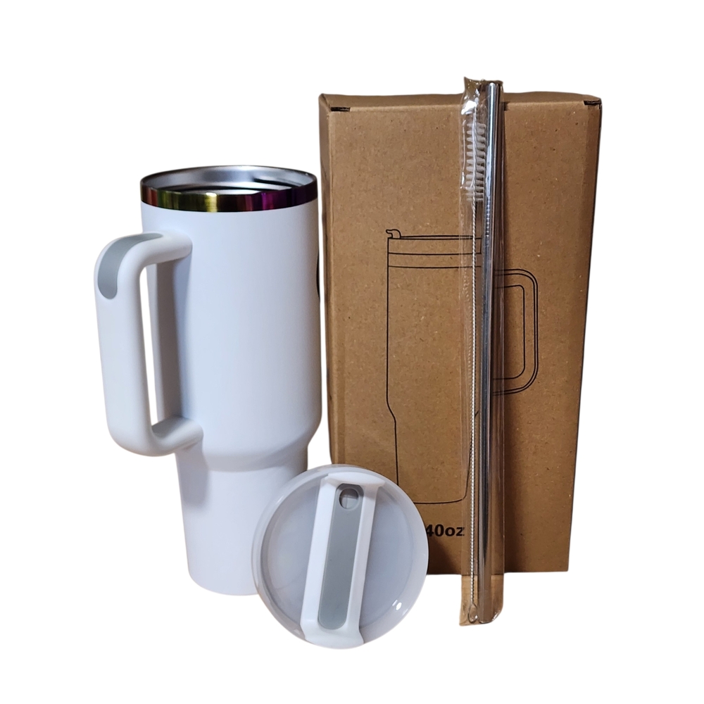 White Stainless Steel Travel Mug with Handle and Lid - 40oz Engraved Design